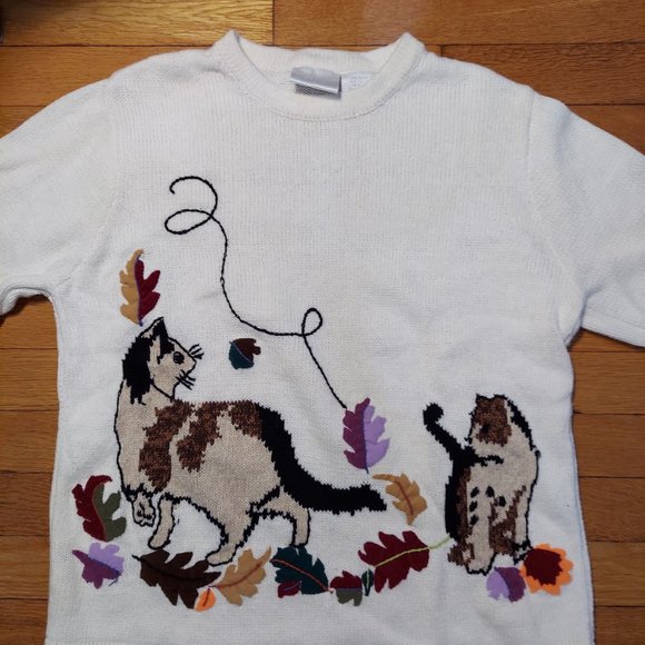 Blair Sweaters - Vintage Blair Cats Playing with Yarn Knit Felt Embroidery Sweater Medium